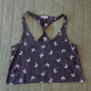 Dark Gray Black & White Butterfly Cropped Racerback Tank Top - Women's Medium